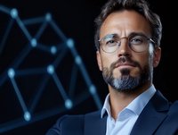 Confident middle-aged Caucasian businessman with beard and glasses against digital network background, representing leadership and technology innovation.
