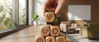 Young adult hand placing wooden block with heart and globe symbol on stack of eco-friendly blocks in modern home office, representing sustainable business and corporate social responsibility.