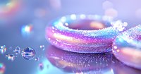 Magical glowing macarons with sparkles and water drops in dreamy pink and blue colors against blurred background, creating ethereal atmosphere for dessert photography.