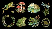 Vintage botanical frog clipart set with mushrooms, lily pads, dragonfly, and floral wreaths, isolated on transparent background, ready for stickers, t-shirt design, and print on demand.