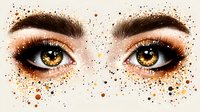 Expressive golden eyes with long eyelashes and defined eyebrows on white background, artistic makeup with gold glitter splatter effect and dark smokey eyeshadow.