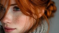 Close-up portrait of young Caucasian woman with vibrant red hair and freckles wearing knitted sweater for beauty and lifestyle concepts.