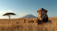 Majestic male lion with dark mane resting in tall golden savanna grass during sunset, with iconic African acacia tree and mountain silhouette in background.