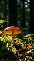 Red toadstool mushroom with yellow gills growing among vibrant green moss and ferns in forest woodland environment with bokeh background lighting.