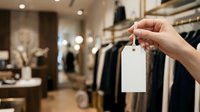 Hand holding blank white price tag in modern clothing boutique with garments on rack and blurred store interior background for retail branding and merchandising.
