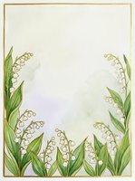Watercolor lily of the valley floral frame with gold border, white bell flowers and green leaves on soft pastel background with copy space.