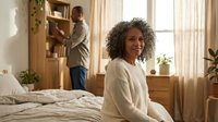 African American woman with curly hair sitting on bed in cozy bedroom while partner organizes bookshelf in background creating warm domestic scene.