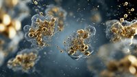 Microscopic golden cellular structures floating in blue liquid environment with bubbles and particles for scientific research and medical education.