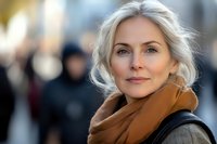 Mature blonde woman with warm smile wearing brown scarf outdoors in urban setting. Professional portrait for lifestyle and wellness content.