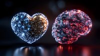 Glowing heart and brain shapes with luminous particles floating in dark space, symbolizing emotional and rational intelligence connection. Futuristic concept art.