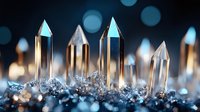 Luminous crystal quartz points rising from mineral base with blue bokeh background, creating mystical atmosphere. Macro photography highlights natural formations.