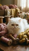 White fluffy cat surrounded by colorful yarn spools and knitting supplies in cozy home setting. Perfect for craft, hobby, and pet-related designs.