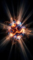 Fiery energy sphere with swirling flames and electric blue lightning bursts radiating powerful light beams against dark cosmic background for fantasy designs.