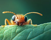 Extreme close-up of orange insect with prominent blue compound eyes and antennae peeking over green leaf edge. Perfect for entomology or nature publications.