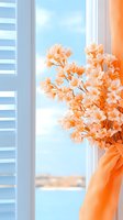 Peach blossom bouquet in vase by window with white shutters overlooking serene blue sea, soft natural lighting creates dreamy coastal atmosphere.