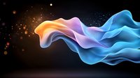 Flowing abstract smoke waves in vibrant orange, purple and blue colors with glowing particles on dark background, dynamic fluid motion effect for creative design.