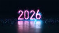 Glowing neon pink numbers 2026 with sparkle effects and reflections on dark surface, futuristic style lighting against black background with blue accents.