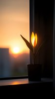 Silhouette of tulip flower in pot on window sill against dramatic orange sunset sky, creating peaceful atmospheric mood with natural backlighting.