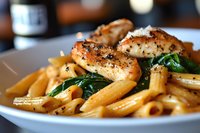 Grilled chicken breast with penne pasta in creamy sauce, fresh spinach leaves and black pepper served on white plate, close up view of Italian cuisine.