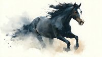 Dark horse galloping with dynamic watercolor splashes and paint splatters on light background, artistic equine illustration for creative projects.