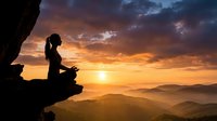 Woman silhouette meditating on mountain cliff at sunrise with dramatic orange sky and layered peaks creating peaceful spiritual wellness scene.