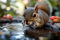 Thirsty squirrel drinking water from natural pond with bokeh background and autumn fruits, close up view of wild animal in natural habitat.