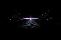 Glowing light rays and particles emanate from central bright point against black background creating futuristic perspective effect for technology designs.