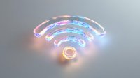 Glowing neon wifi symbol with pink and blue gradient colors on light background, wireless internet connection concept for technology designs.