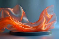 Abstract flowing fabric with vibrant orange and blue lighting creates dynamic waves above circular platform for modern product display and presentation.