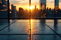 Wet rooftop terrace with golden sunset reflecting on floor tiles, urban skyline with illuminated skyscrapers in background, ideal for business and lifestyle concepts.