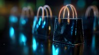 Shopping bag glowing with neon blue light against dark background creates modern retail atmosphere with bokeh effect and reflective surface.