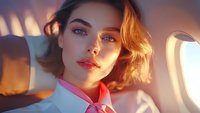 Young Caucasian woman with bright blue eyes and pink lips wearing white shirt and pink bow tie sitting near airplane window during golden sunset light.