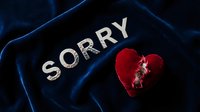 Broken red velvet heart and silver sorry letters on dark blue fabric, symbolizing apology, regret, and heartbreak in relationships.