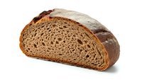 Fresh baked artisan sourdough bread slice showing airy crumb texture and golden crust on white background for bakery and food design projects.