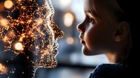 Young caucasian girl facing glowing artificial intelligence neural network head profile with connected dots and lines, futuristic technology concept on dark background.