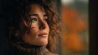 Young woman with curly hair in cozy sweater enjoying warm sunlight through window creating peaceful morning atmosphere for lifestyle content.