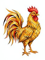 Golden rooster with red comb and tail feathers, isolated on white background. Stylized poultry illustration suitable for farm designs, clipart, and agricultural branding projects.