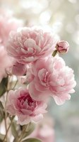 Delicate pink peonies in bloom with soft bokeh background, creating romantic atmosphere for wedding invitations and floral designs.