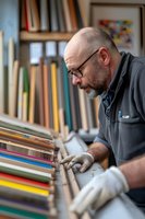 Middle-aged Caucasian craftsman with beard and glasses wearing protective gloves examines colorful books in workshop, focused on restoration work in library setting.