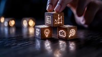 Glowing business icons on wooden cubes arranged by hand on dark surface with bokeh lights in background, representing strategy and innovation concepts.
