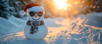 Funny snowman wearing sunglasses and Santa hat in winter sunset light, standing in fresh snow with warm golden glow and bokeh background.