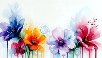 Watercolor flowers in vibrant colors with paint drips and splashes on white background. Artistic floral design for greeting cards and decorations.