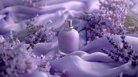 Elegant purple perfume bottle nestled among fresh lavender flowers and flowing silk fabric, creating soft romantic composition for beauty and fragrance marketing.