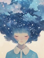 Dreamy portrait of Asian girl with starry night sky flowing through her hair, closed eyes and peaceful expression, wearing blue collar dress. Magical atmosphere.