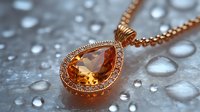 Elegant teardrop citrine pendant necklace with diamond halo on rose gold chain against water drops background, luxury jewelry photography for advertising.