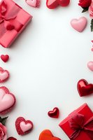 Pink and red heart decorations with gift boxes and roses arranged on white background, isolated for Valentine's Day greeting cards, wedding invitations, and romantic event designs.