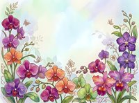 Watercolor orchid floral border with colorful blooms in purple, pink, and orange on soft pastel background with copy space for text.