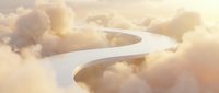 Curved white platform floating among soft golden clouds in dreamy sky atmosphere for product display and presentation backgrounds.