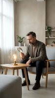 Middle-aged Caucasian businessman examining glowing light bulb with magnifying glass in modern living room. Innovation and creative thinking concept.