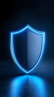 Glowing blue neon shield symbol on dark background with reflection. Security and protection concept for cybersecurity, defense and safety applications.